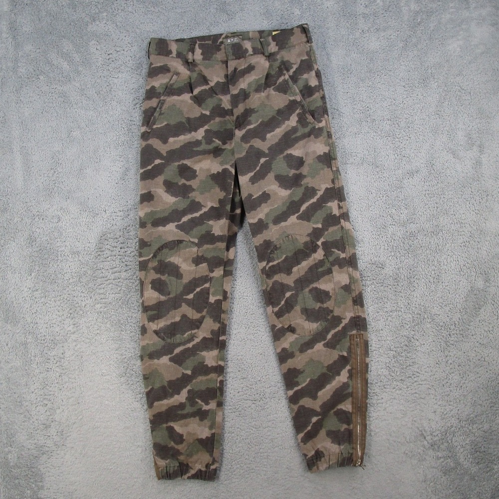 APC Mens Camo Tapered Utility Pants XS Green Brown French Camouflage Zipper Cuff